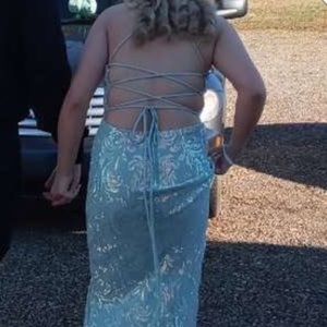 Teal sequin long prom dress